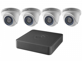 Hikvision T7104Q1TA Surveillance Kits 4 Channel, 1TB Turbo HD/Analog DVR with Four 2.8MM 1080p Outdoor Smart IR Turret Camera, 65ft IR, DNR, IP66 (M. Refurbished)