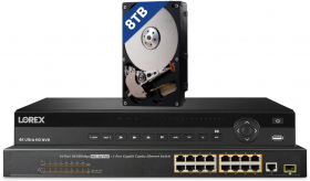 Lorex 4K (32 Camera Capable) Pro Series 8TB NVR (Expandable up to 2 × 16TB) with 16 Channel PoE Switch. Featuring Advanced Person/Vehicle Detection, Audio and Real-Time 30FPS 4K Recording