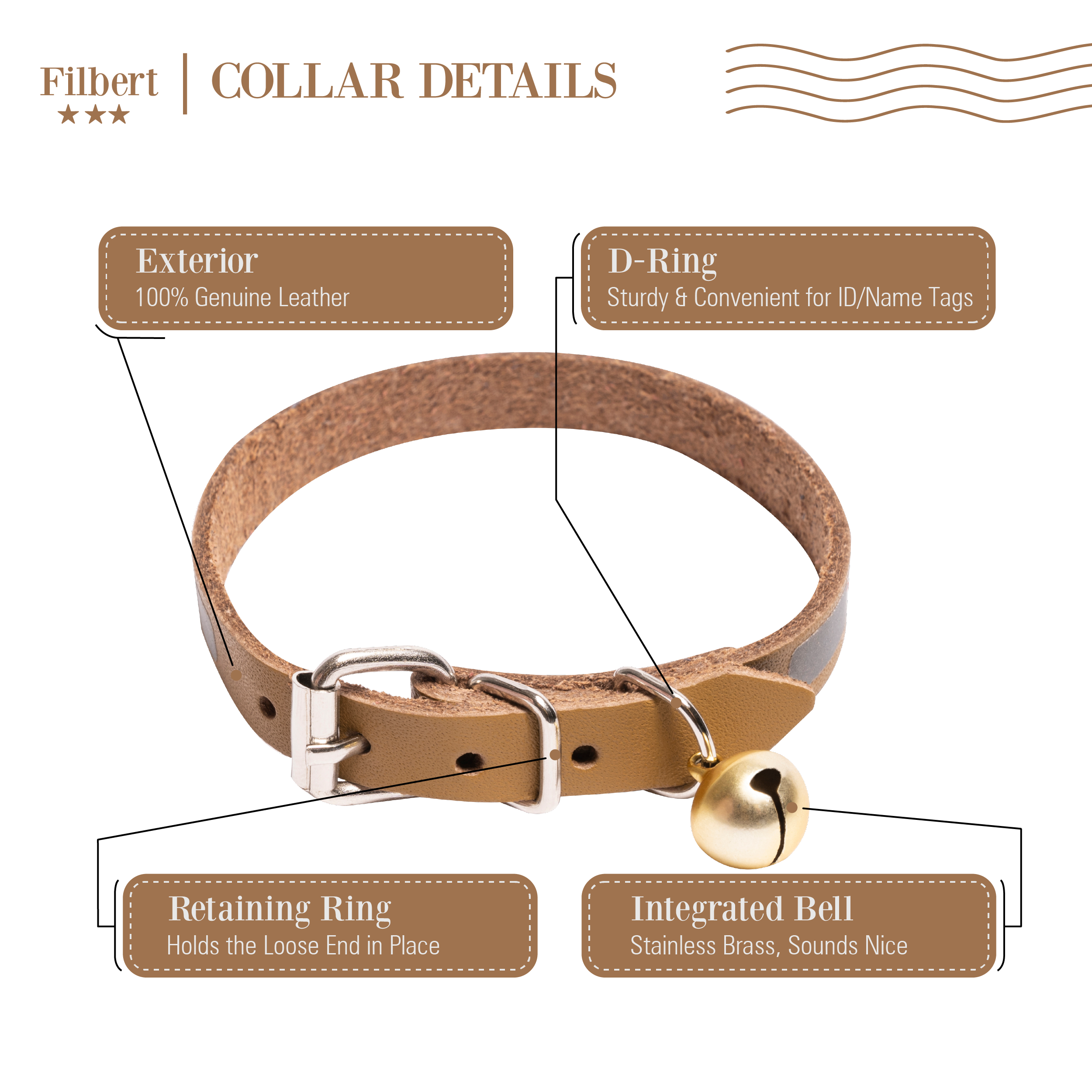 Filbert Leather Cat Collar, Reflective Cat Collar with Bell - Picture 35 of 61
