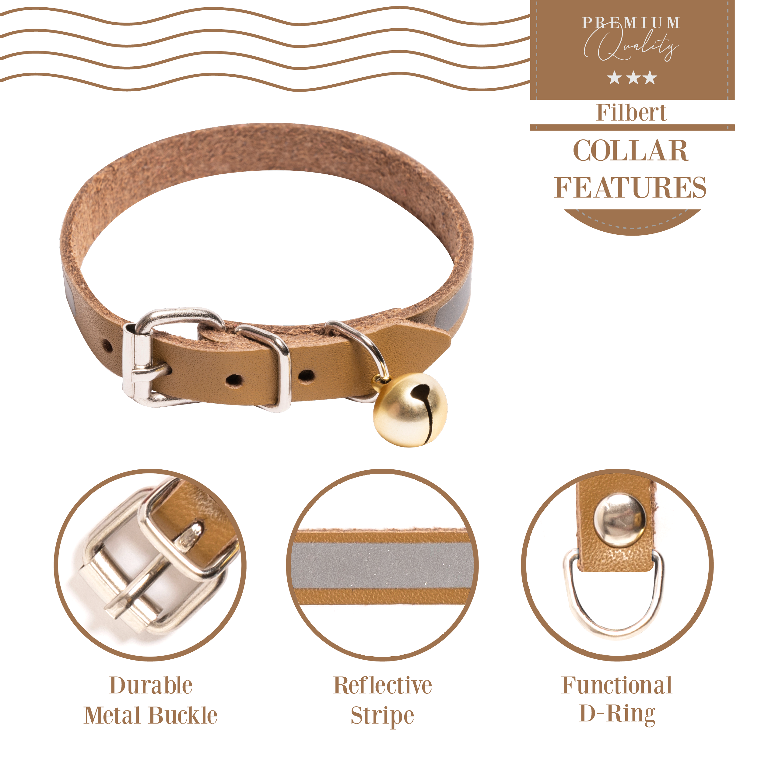 Filbert Leather Cat Collar, Reflective Cat Collar with Bell - Picture 36 of 61