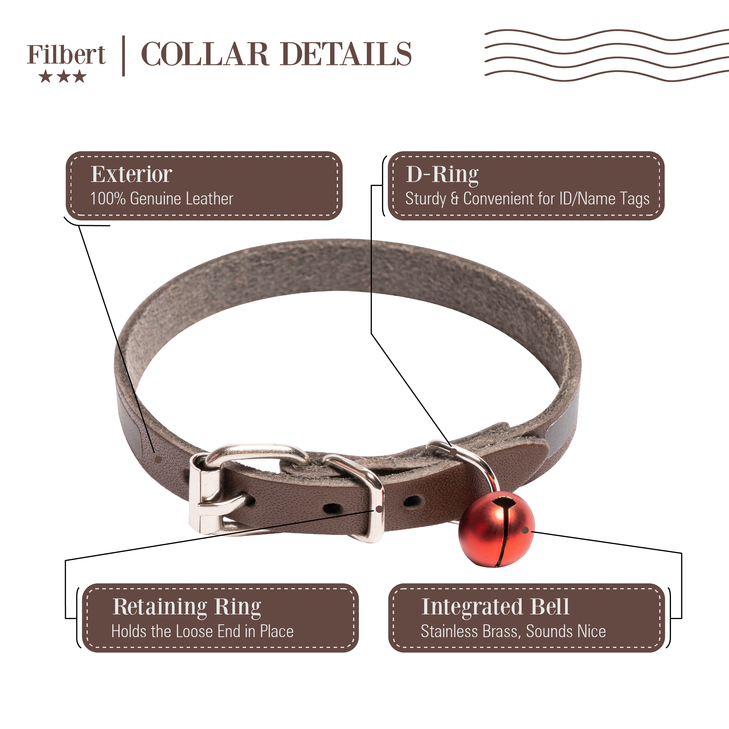 Filbert Leather Cat Collar, Reflective Cat Collar with Bell - Picture 23 of 61