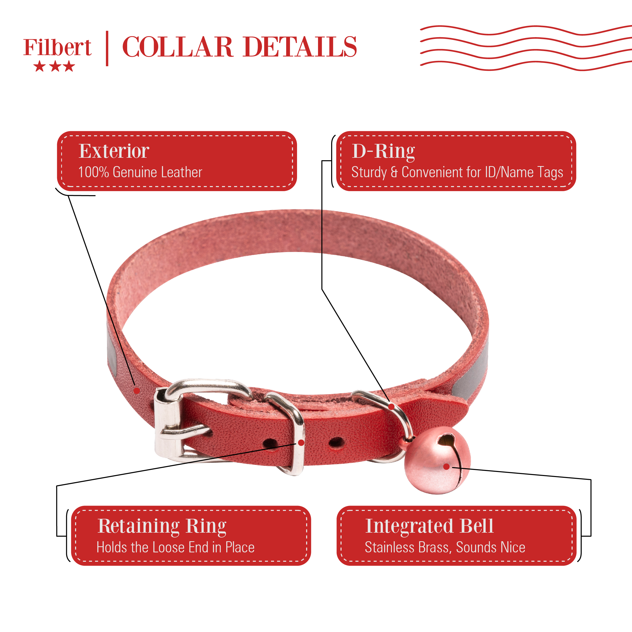 Filbert Leather Cat Collar, Reflective Cat Collar with Bell - Picture 47 of 61