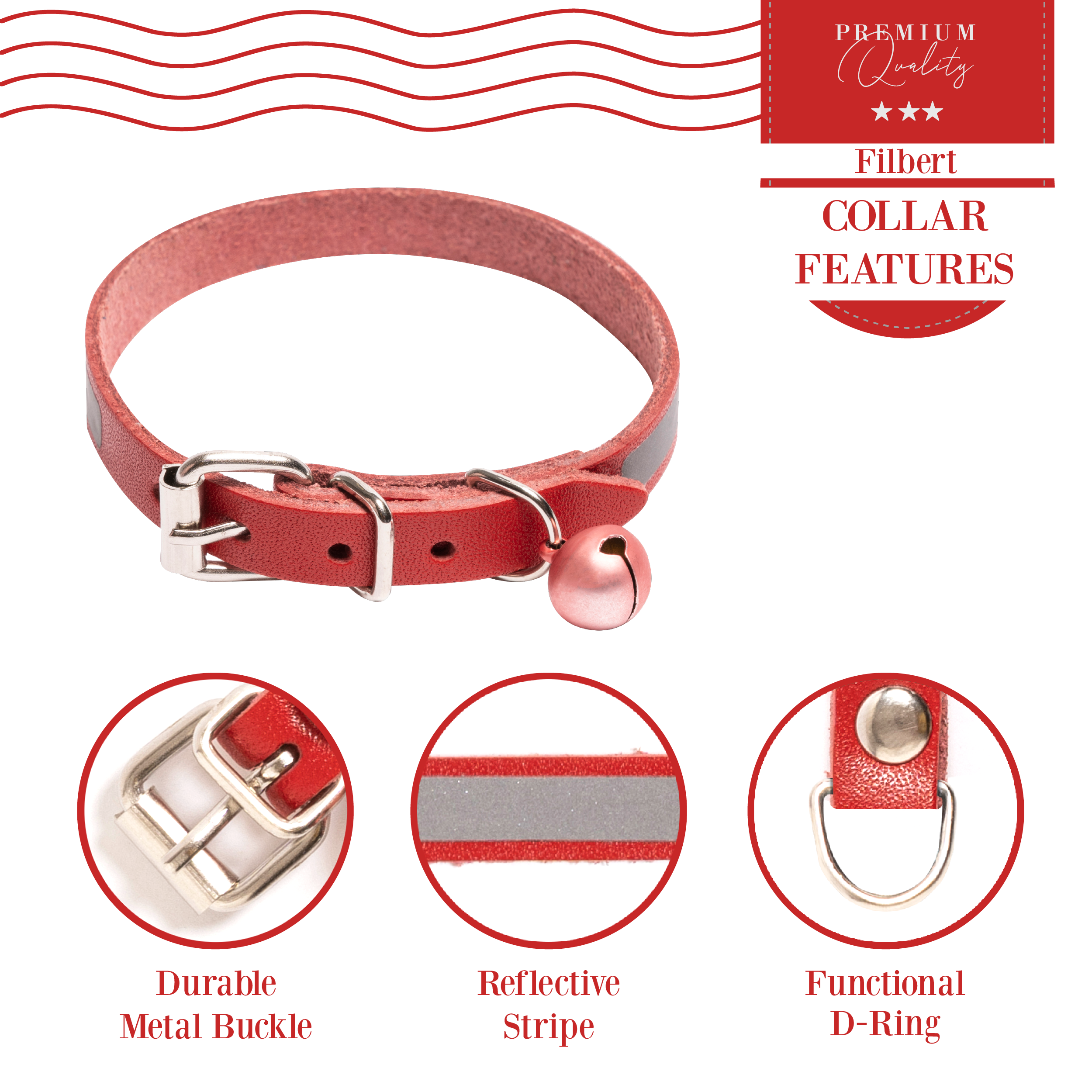 Filbert Leather Cat Collar, Reflective Cat Collar with Bell - Picture 48 of 61