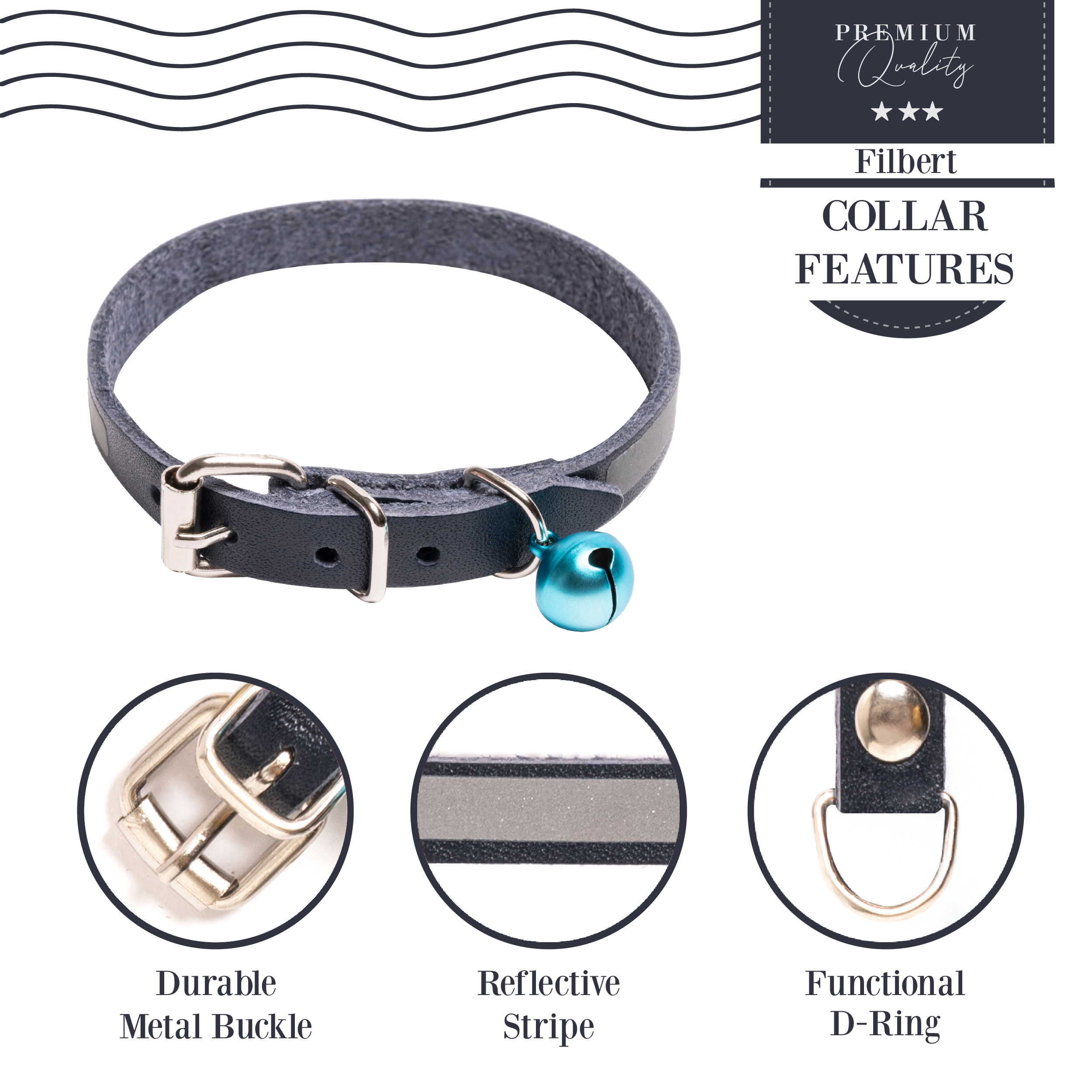 Filbert Leather Cat Collar, Reflective Cat Collar with Bell - Picture 60 of 61