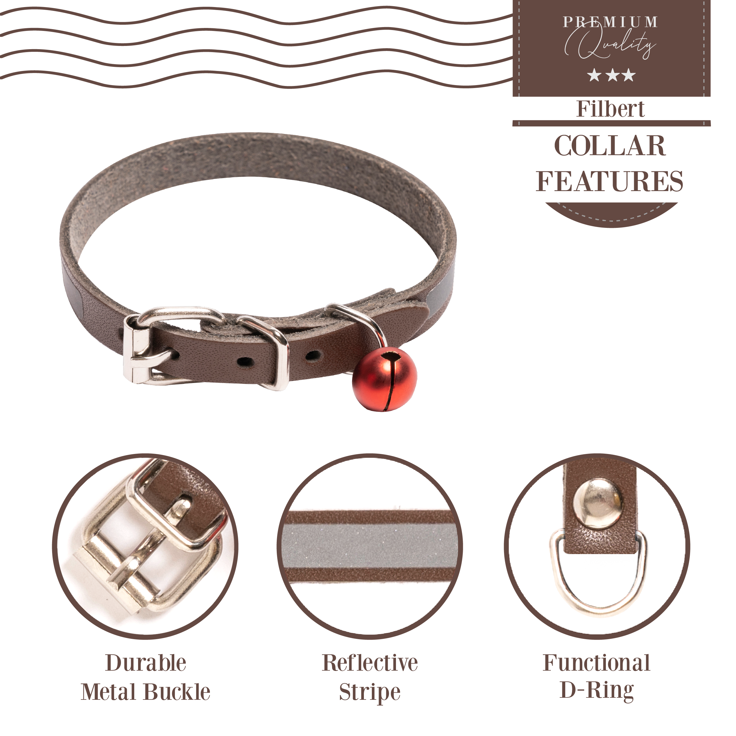 Filbert Leather Cat Collar, Reflective Cat Collar with Bell - Picture 17 of 61